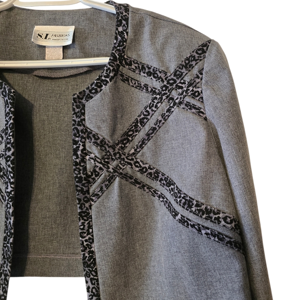 Vintage Black Gray Leopard Print Cropped Blazer with Shoulder Pads - Picture 2 of 9